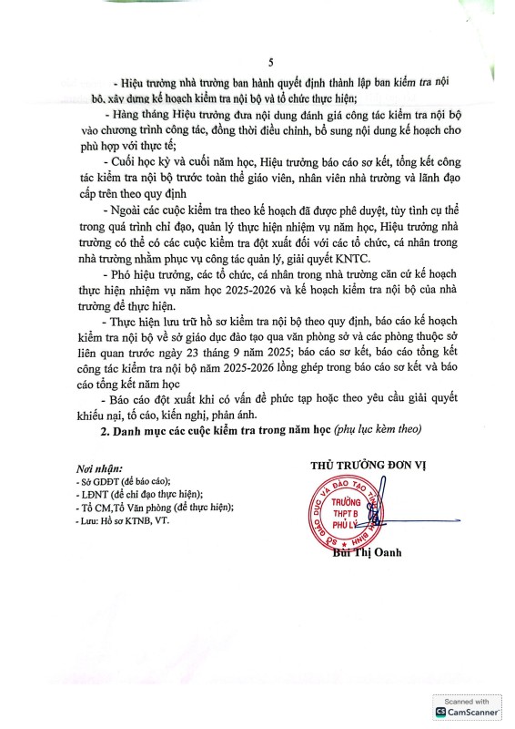 KẾ HOẠCH KIỂM TRA NỘI BỘ NĂM HỌC 2025 - 2026