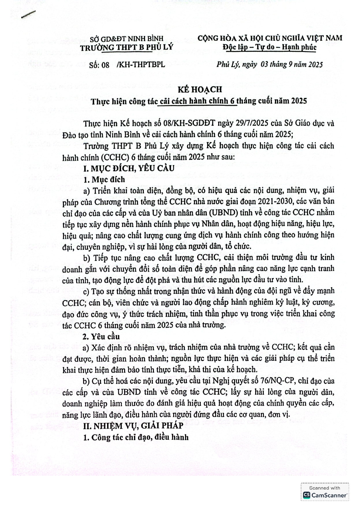 KẾ HOẠCH THỰC HIỆN CẢI CÁCH HÀNH CHÍNH 6 THÁNG CUỐI NĂM 2025